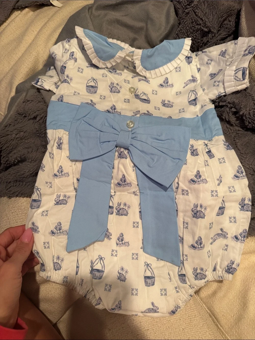Classic Blue & White Printed Bubble Romper with Peter Pan Collar